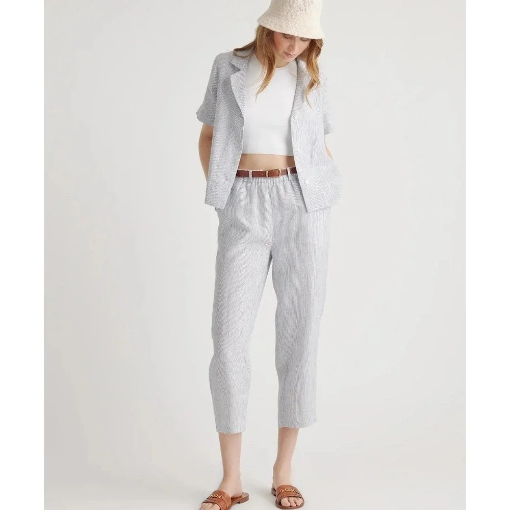 Quince 100% European Linen Pants in Blue Pinstripe Size Large